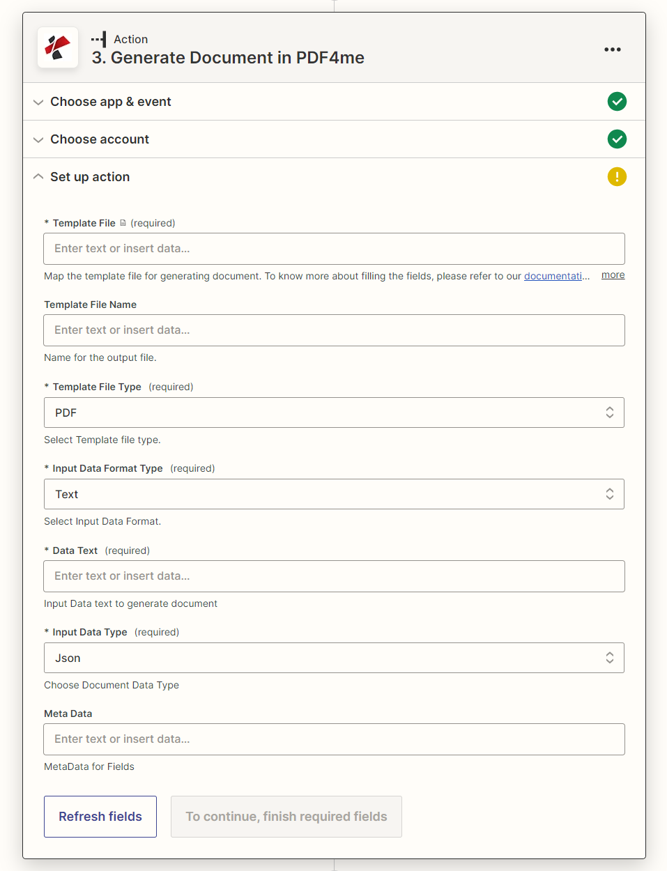 在 Zapier 的 PDF4me 操作面板中生成文档，显示模板文件、模板文件名、模板文件类型（设置为 PDF）、输入数据格式类型（设置为文本）、数据文本、输入数据类型（设置为 JSON）和元数据字段。